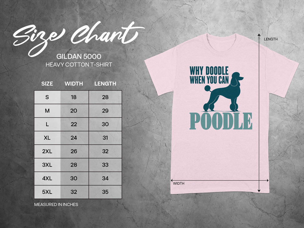 Gildan 5000 t-shirt size chart with poodle graphic.
