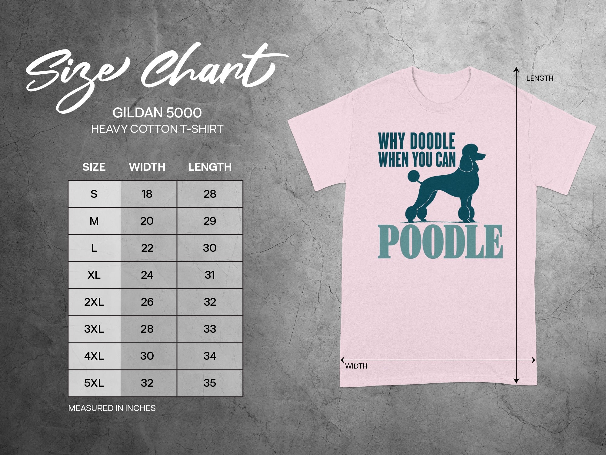 Gildan 5000 t-shirt size chart with poodle graphic.