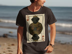 T-shirt featuring Queen of Hearts playing card with a black dog wearing a crown.