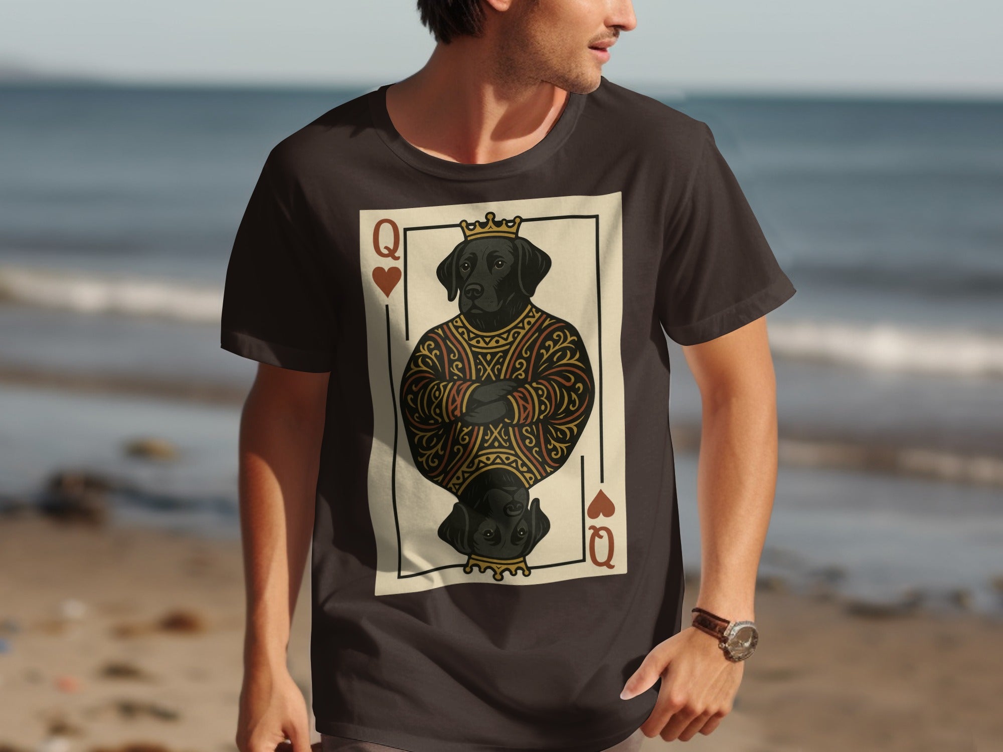T-shirt featuring Queen of Hearts playing card with a black dog wearing a crown.