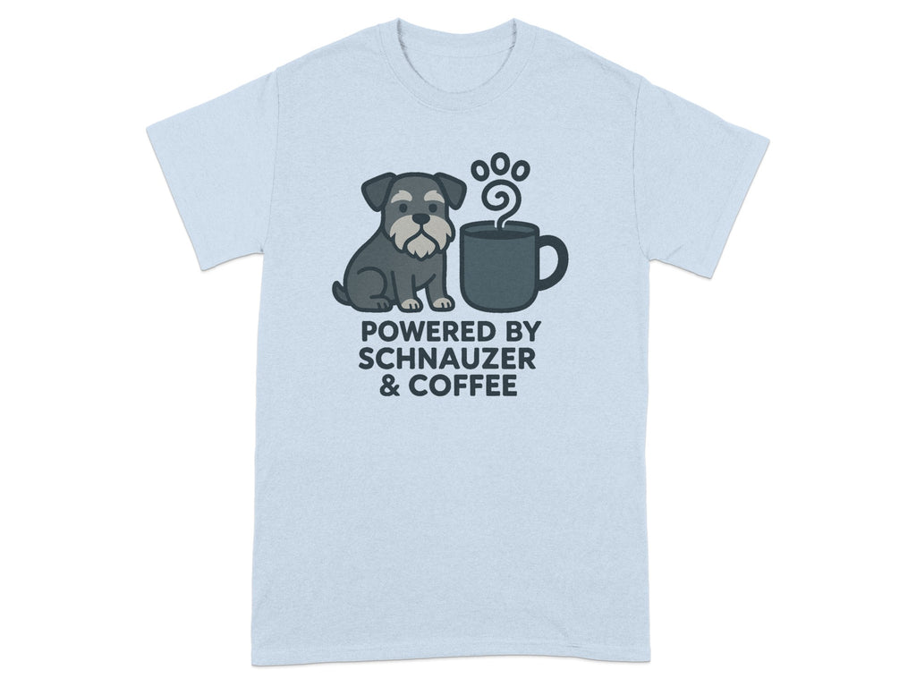 Light blue t-shirt with a Schnauzer and coffee mug graphic, reading "POWERED BY SCHNAUZER & COFFEE".