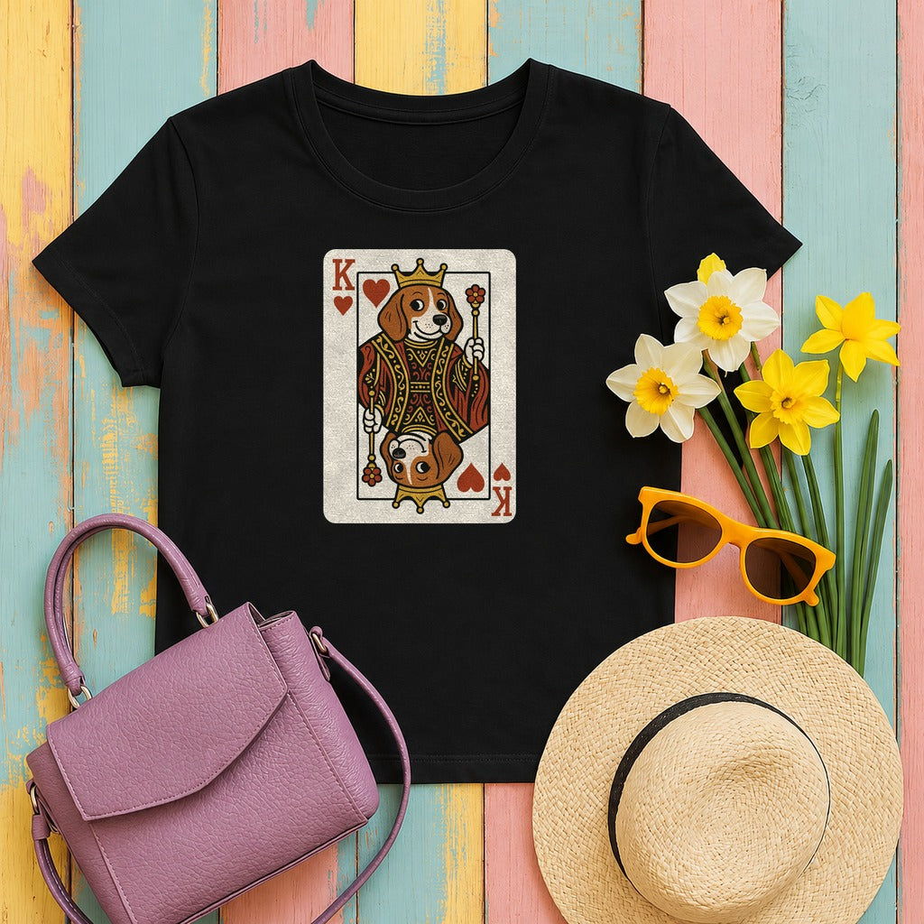 King Of Hearts Cute Beagle Playing Card Funny Deck T-Shirt in Black