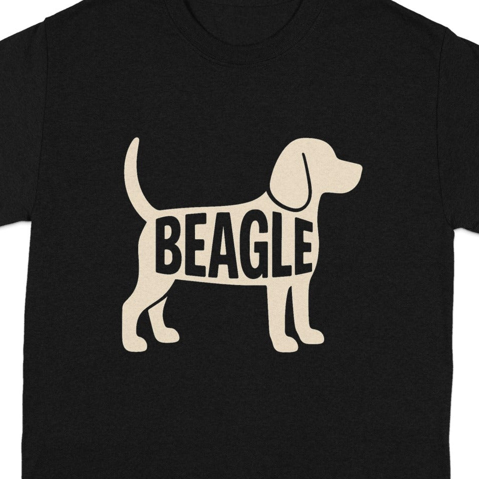 Black t-shirt with a cream beagle silhouette and the word "BEAGLE" inside.