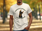White t-shirt with black text and a curious dog's head saying "Personally invested in your business".
