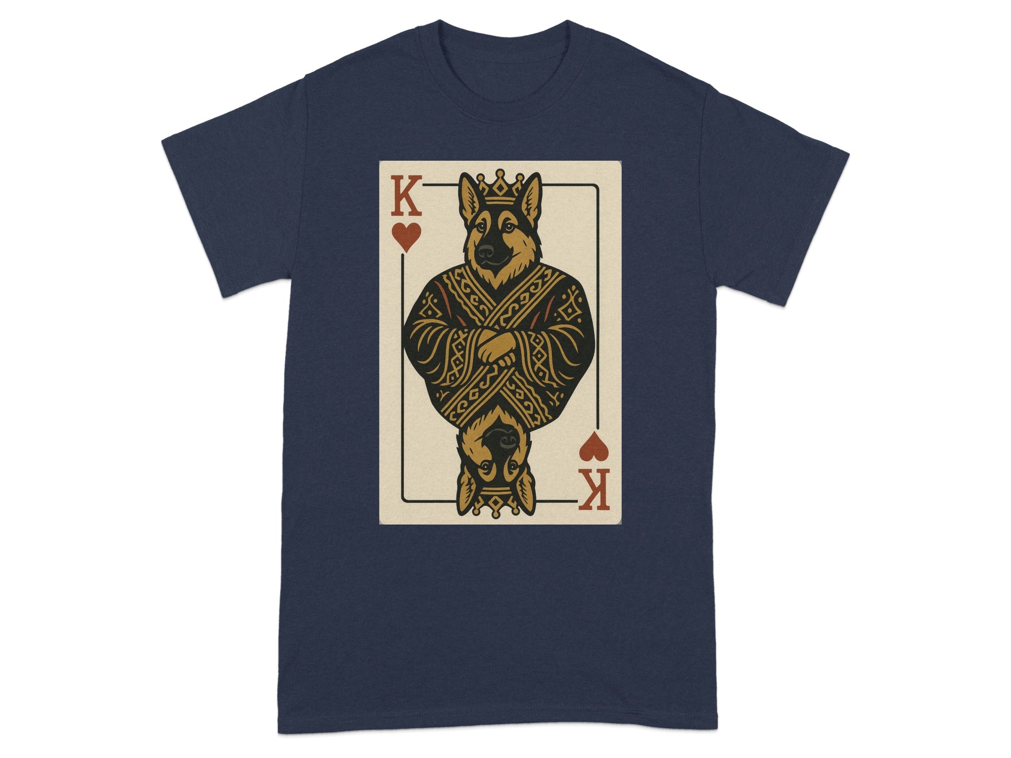 Navy t-shirt with King of Hearts card featuring a German Shepherd king.