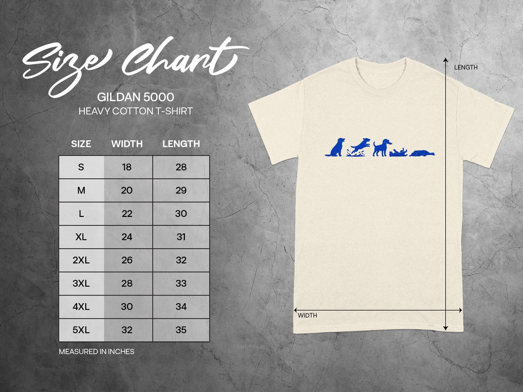 Gildan 5000 Heavy Cotton T-shirt size chart with width and length in inches.