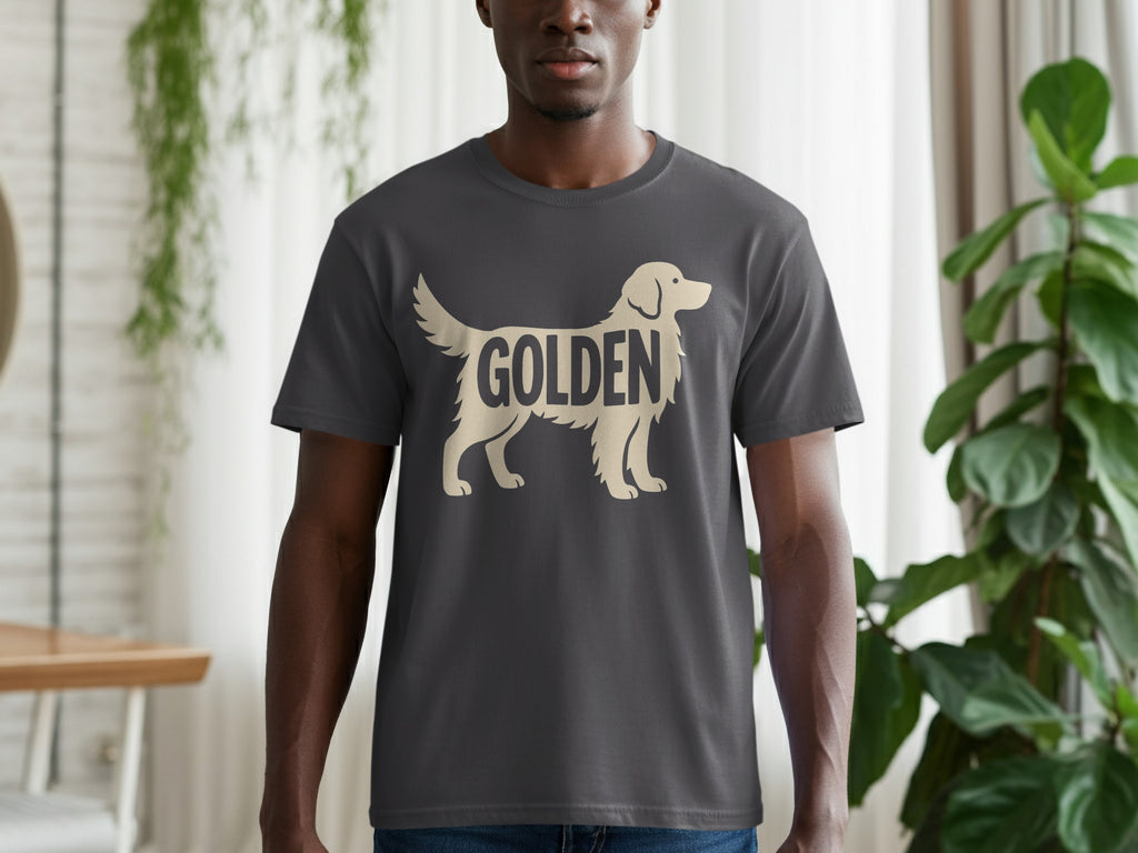 Man wearing dark grey t-shirt with golden retriever graphic and text.