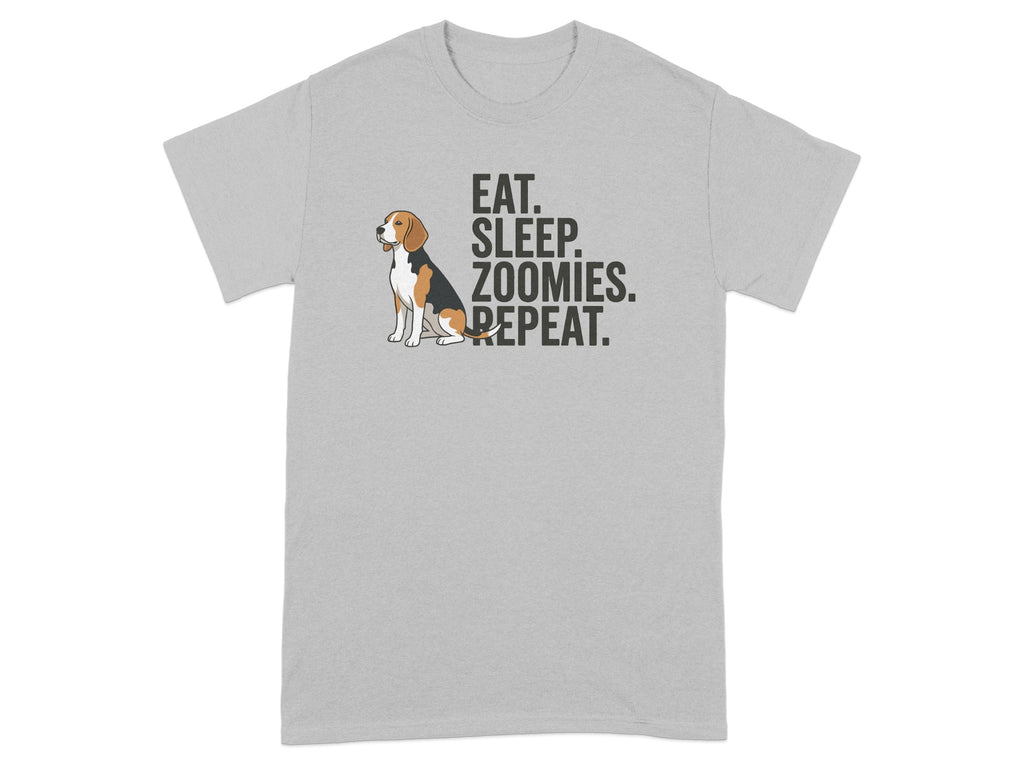Gray t-shirt with beagle and text "EAT. SLEEP. ZOOMIES. REPEAT."