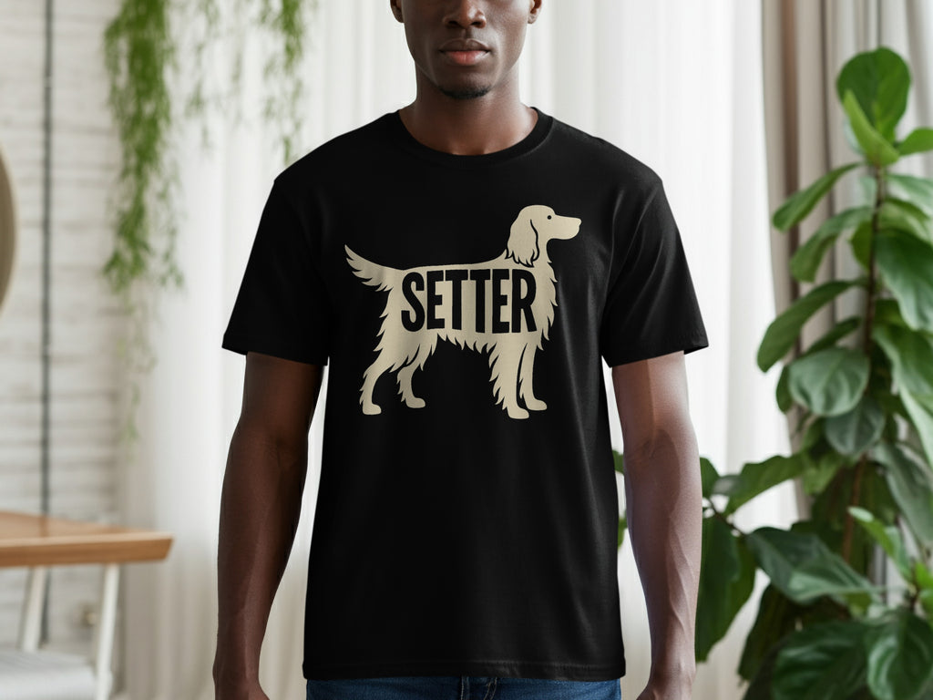 Black t-shirt with white Setter dog silhouette and text design.