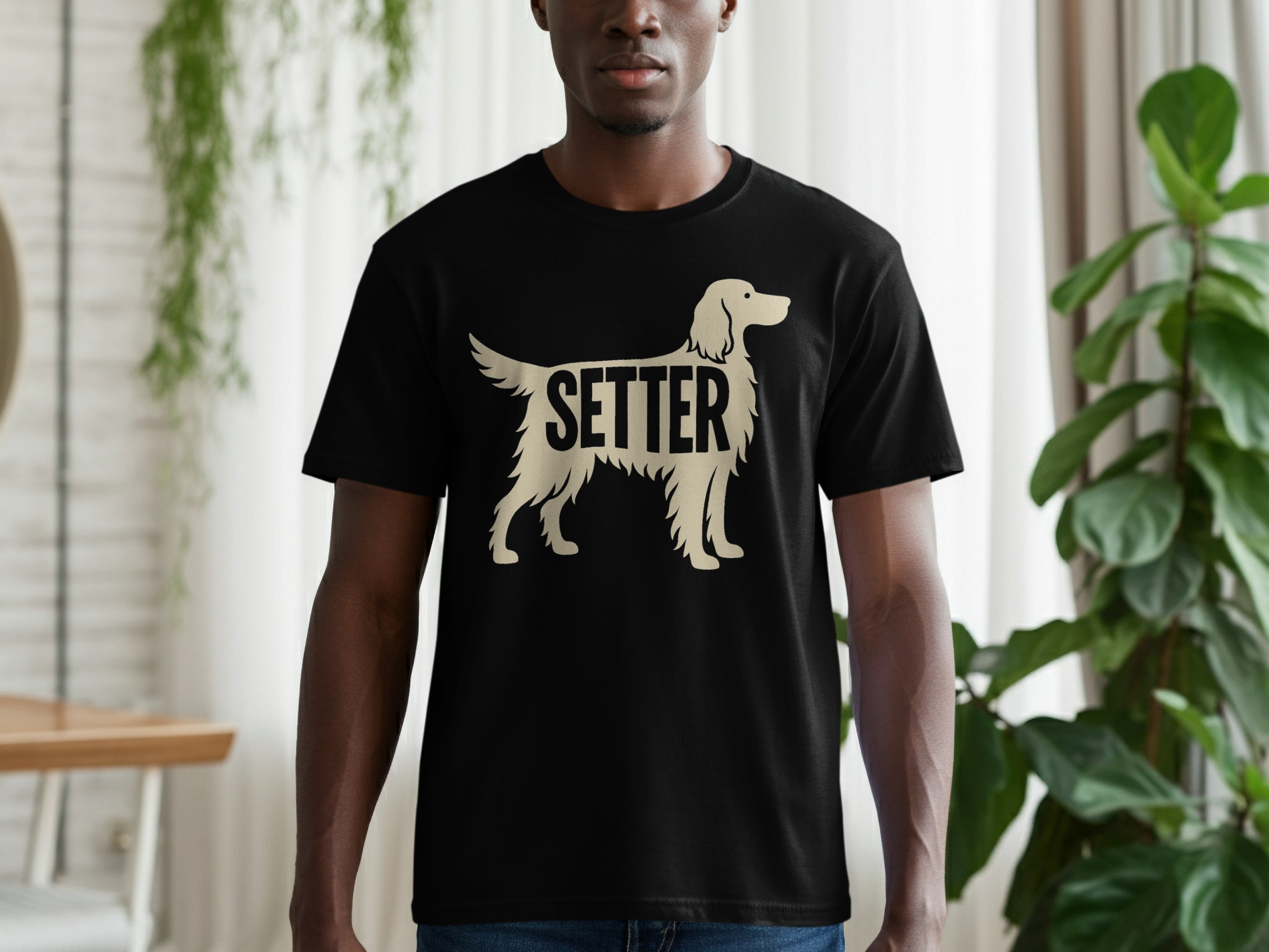 Black t-shirt with white Setter dog silhouette and text design.