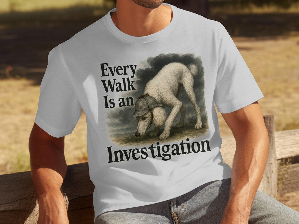 White t-shirt with artwork of a poodle detective saying "Every Walk Is an Investigation."