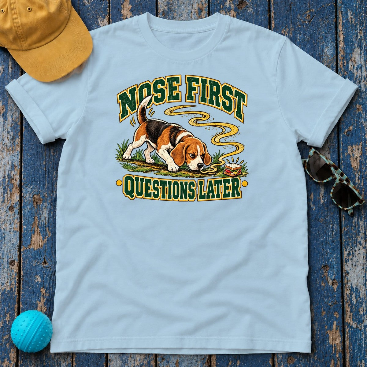 Nose First Questions Later Beagle T-Shirt in Light Blue - flat lay