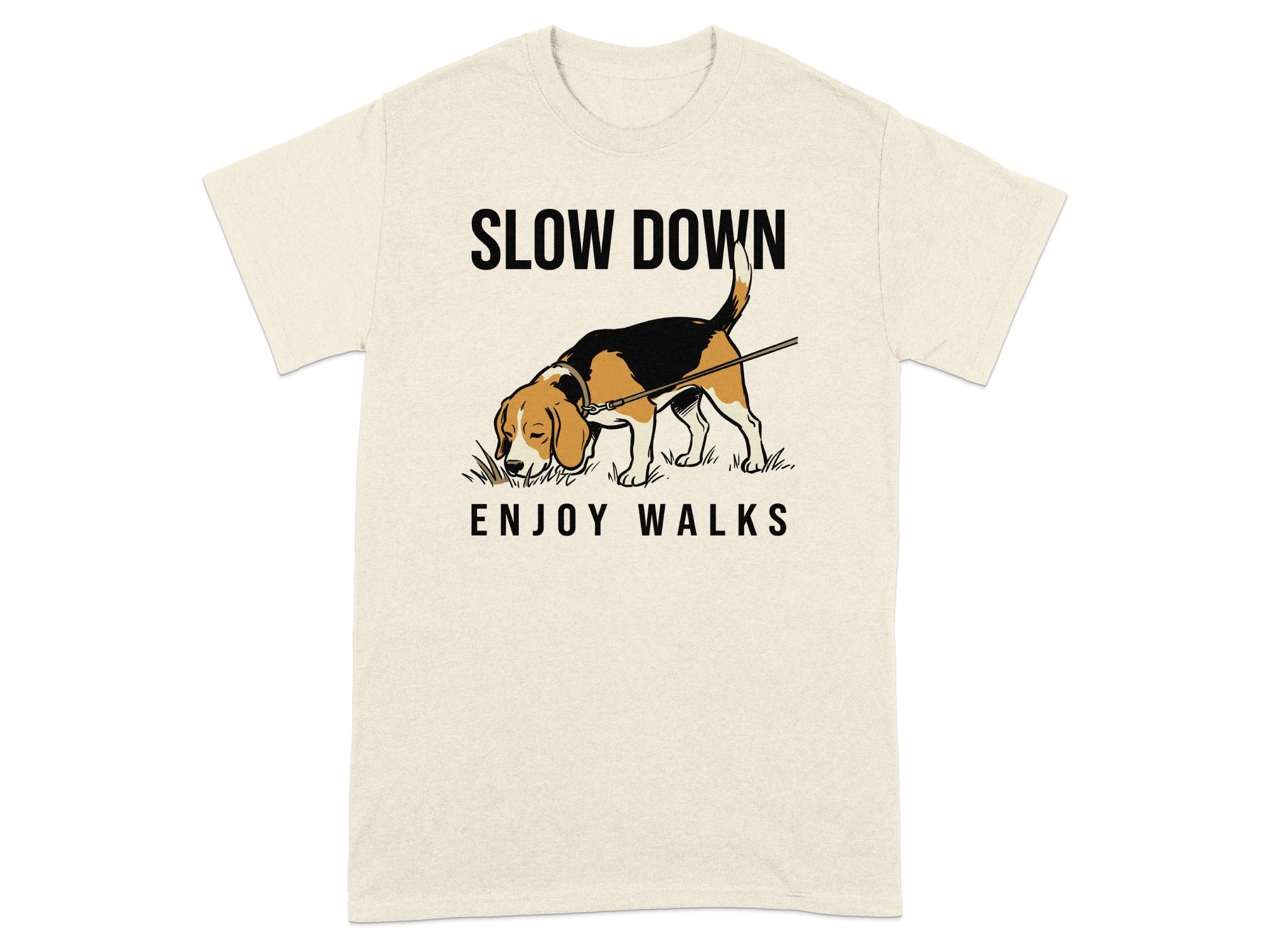 T-shirt with a beagle sniffing the ground and text "SLOW DOWN ENJOY WALKS".