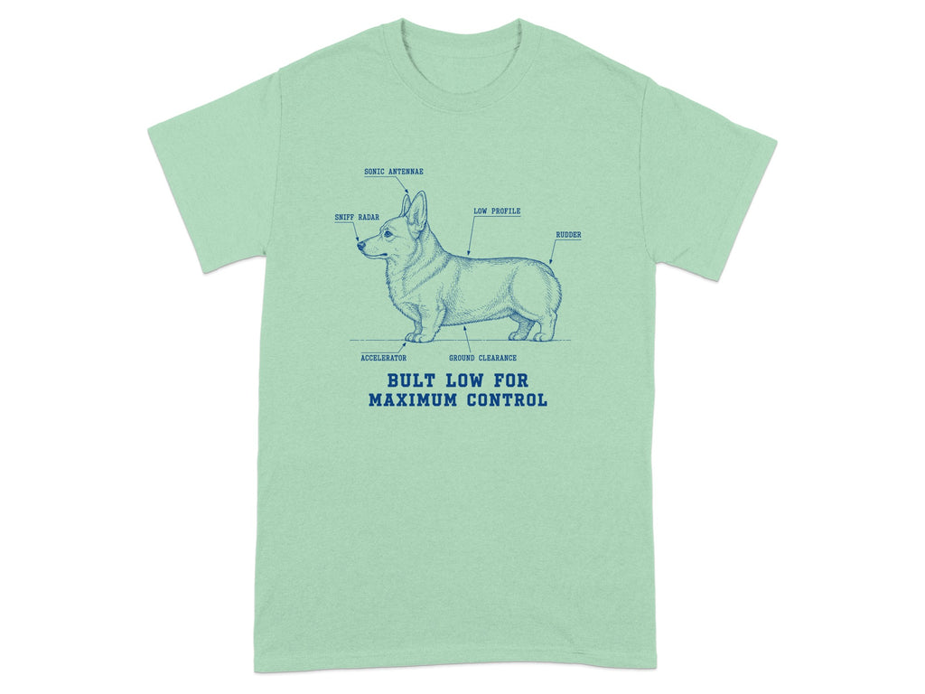 T-shirt graphic illustrating a corgi labeled with humorous, fictional automotive parts.