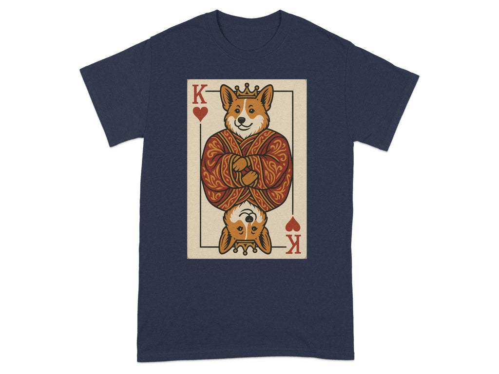 King of Hearts corgi wearing a crown and regal robe on dark navy t-shirt.