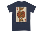 King of Hearts corgi wearing a crown and regal robe on dark navy t-shirt.