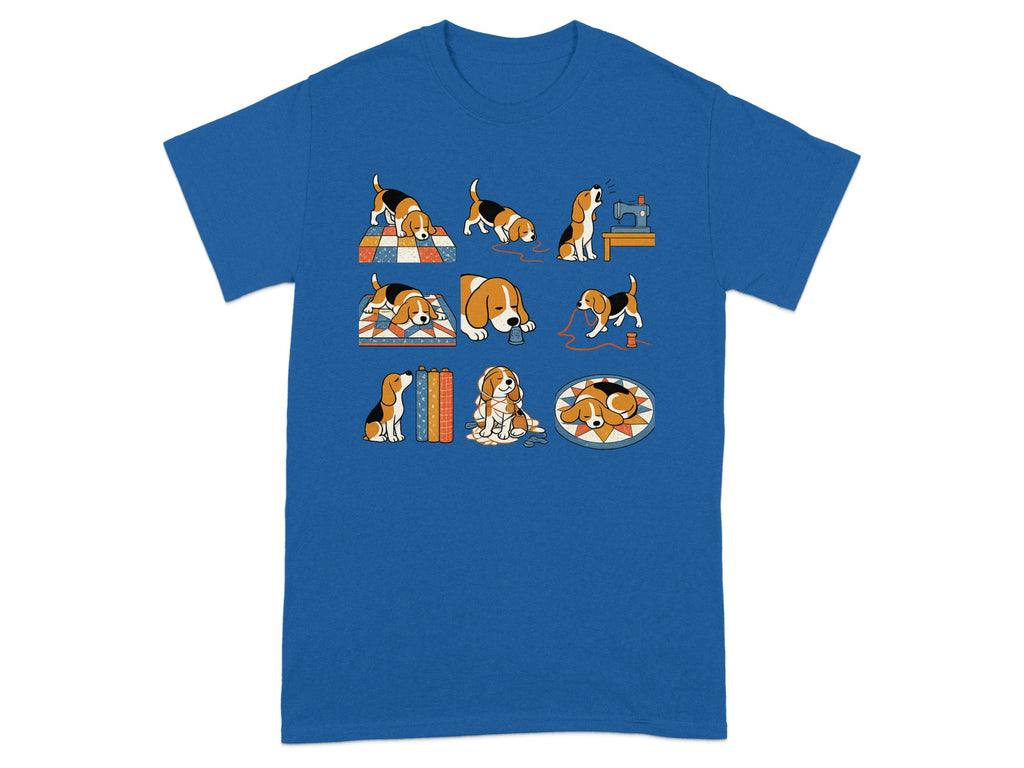 Beagle dogs interact with sewing supplies in a nine-panel illustration.