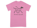 Pink t-shirt with a Dalmatian illustration and text "Slow down, enjoy walks".