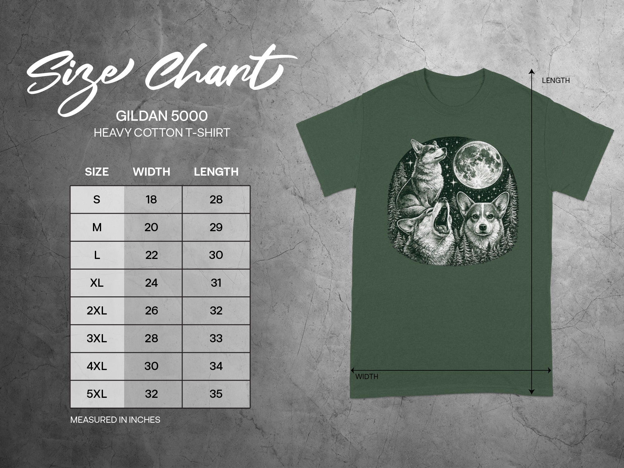 Gildan 5000 heavy cotton size chart with corgis and moon graphic.