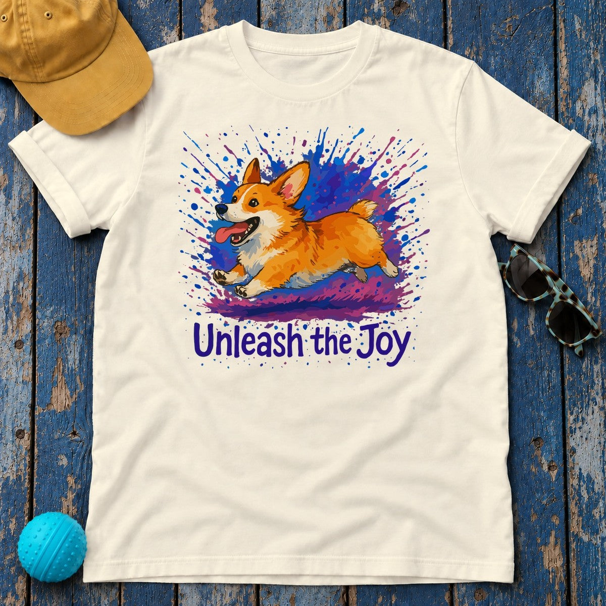 Joyful Corgi Splash Art T-Shirt in Natural