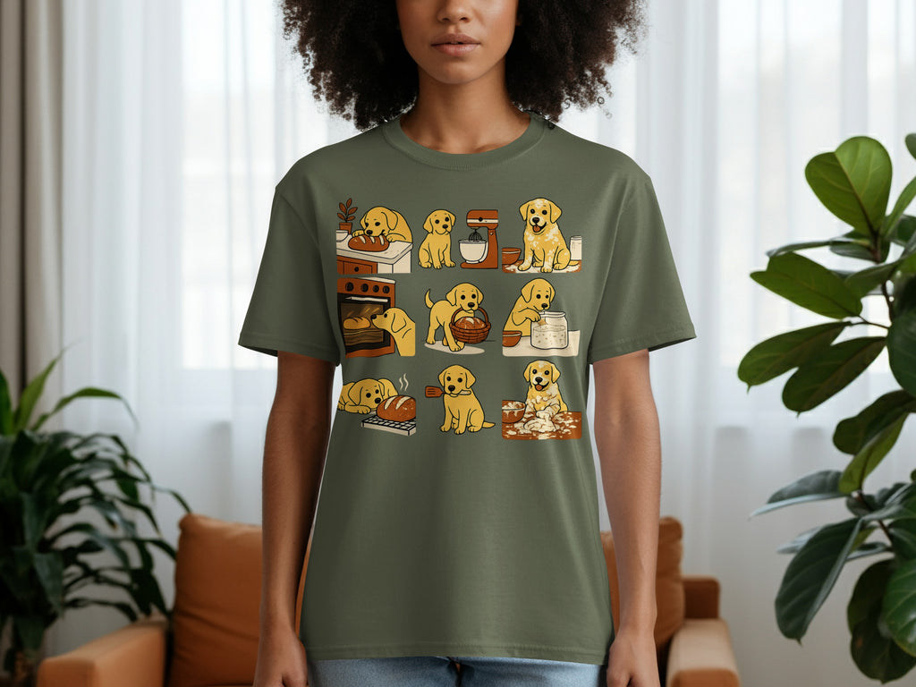 Green t-shirt with cartoon puppies baking bread and dough in a grid layout.