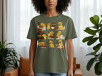 Green t-shirt with cartoon puppies baking bread and dough in a grid layout.