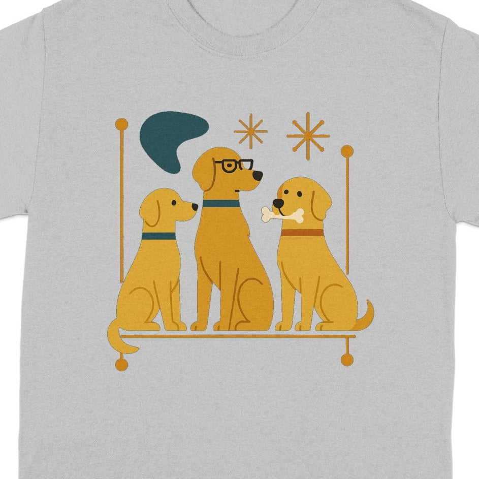 Three cartoon dogs, one with glasses, sit in a line on a graphic bar.