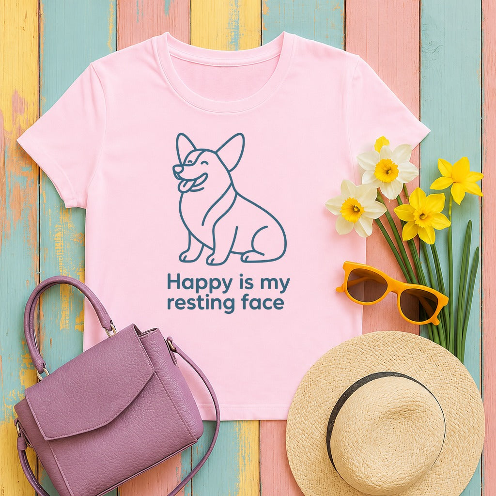 Happy Is My Resting Face - Funny Corgi T-shirt in Light Pink