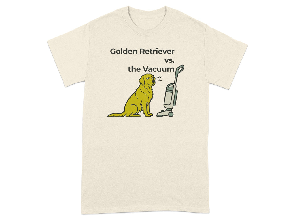 Golden Retriever sits opposite a vacuum cleaner with text "Golden Retriever vs. the Vacuum".