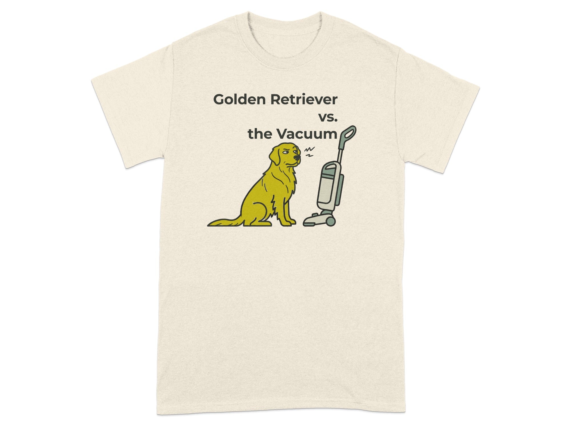 Golden Retriever sits opposite a vacuum cleaner with text "Golden Retriever vs. the Vacuum".