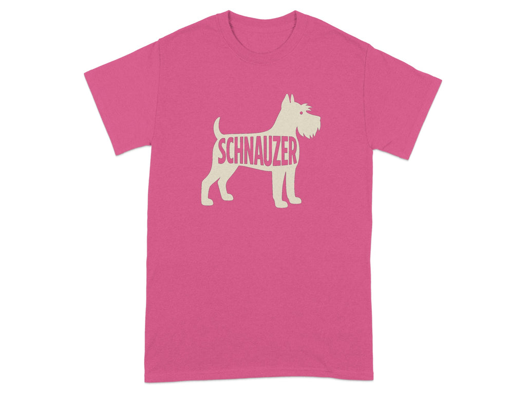 Pink t-shirt with a beige schnauzer silhouette that spells Schnauzer.