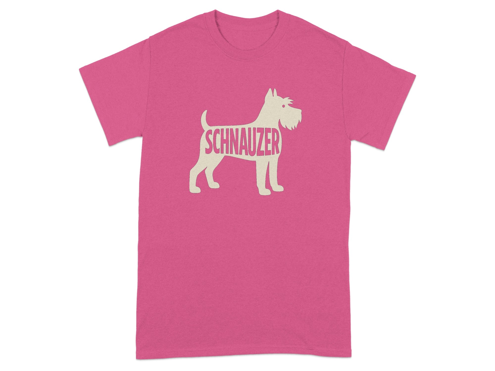 Pink t-shirt with a beige schnauzer silhouette that spells Schnauzer.