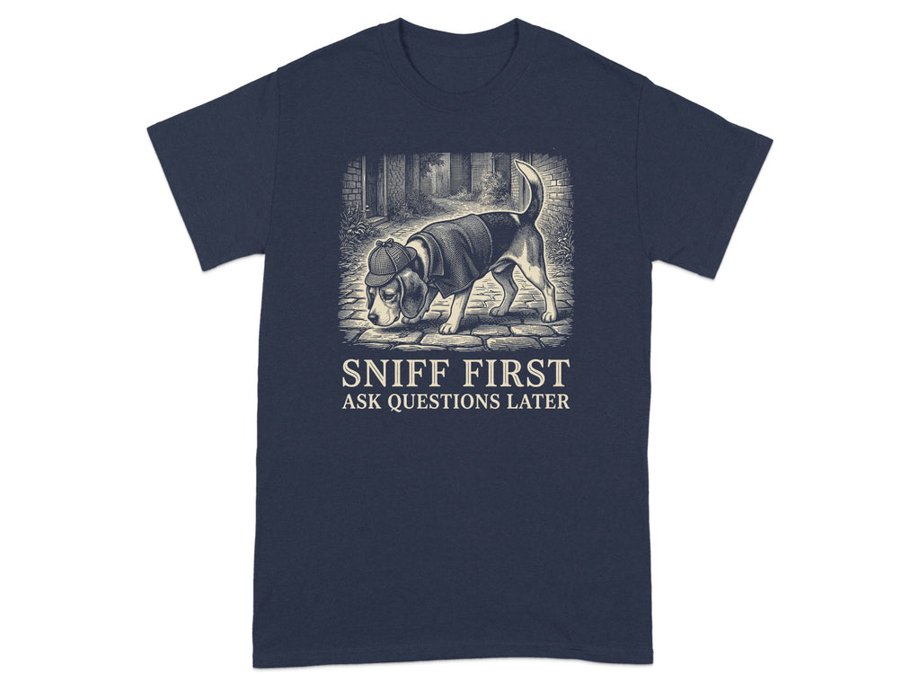 T-shirt with a beagle in a hat sniffing the ground.