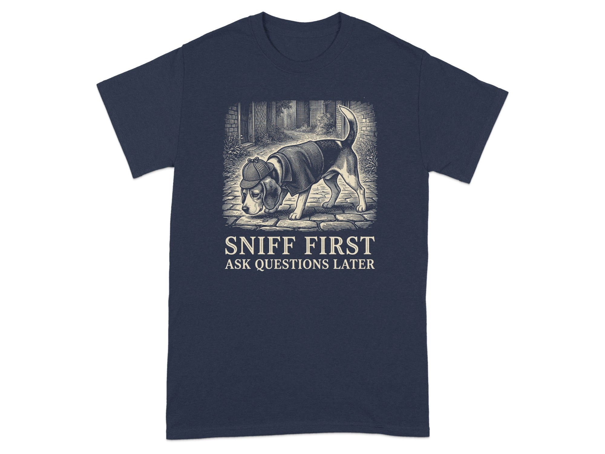 T-shirt with a beagle in a hat sniffing the ground.