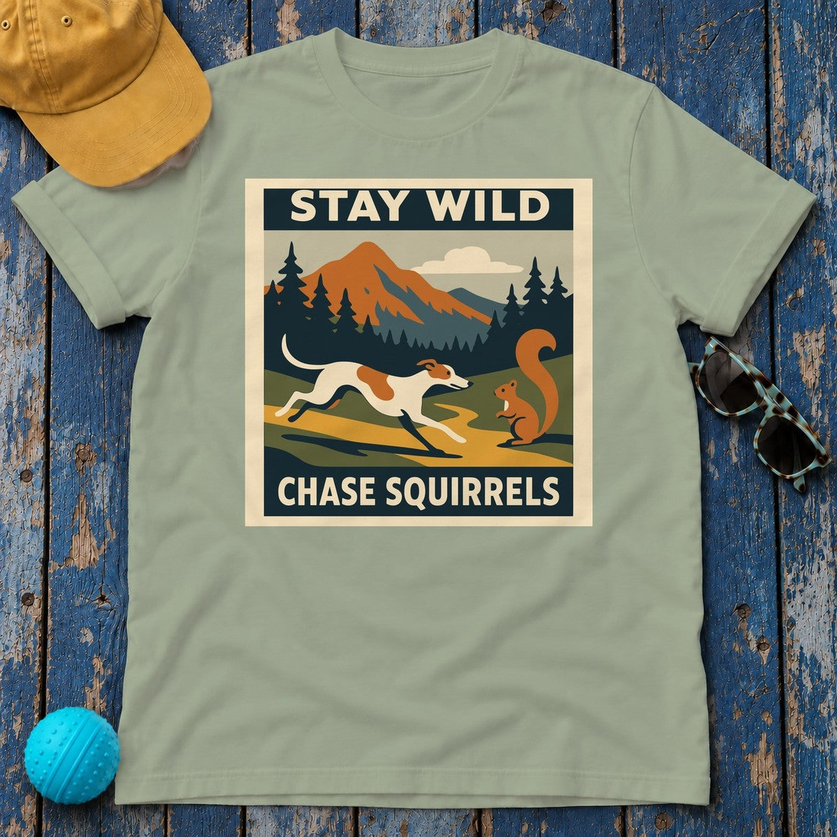 Greyhound Stay Wild Chase Squirrels Tee in Sage