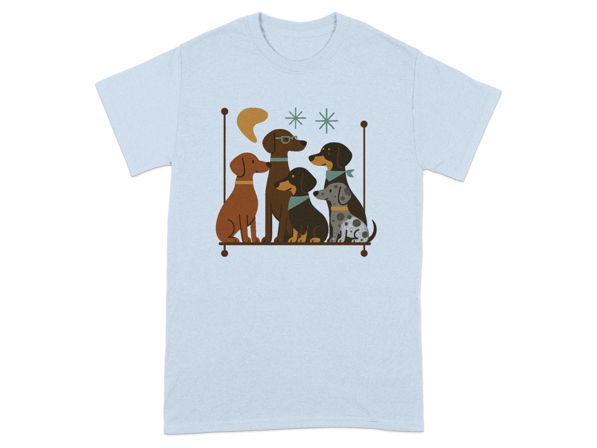Illustration of five dogs sitting on a shelf with decorative elements.