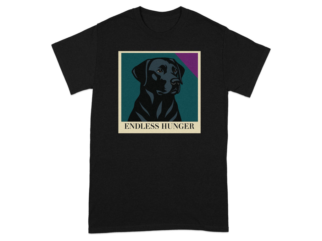 Black t-shirt with a graphic of a black lab dog and text "ENDLESS HUNGER".