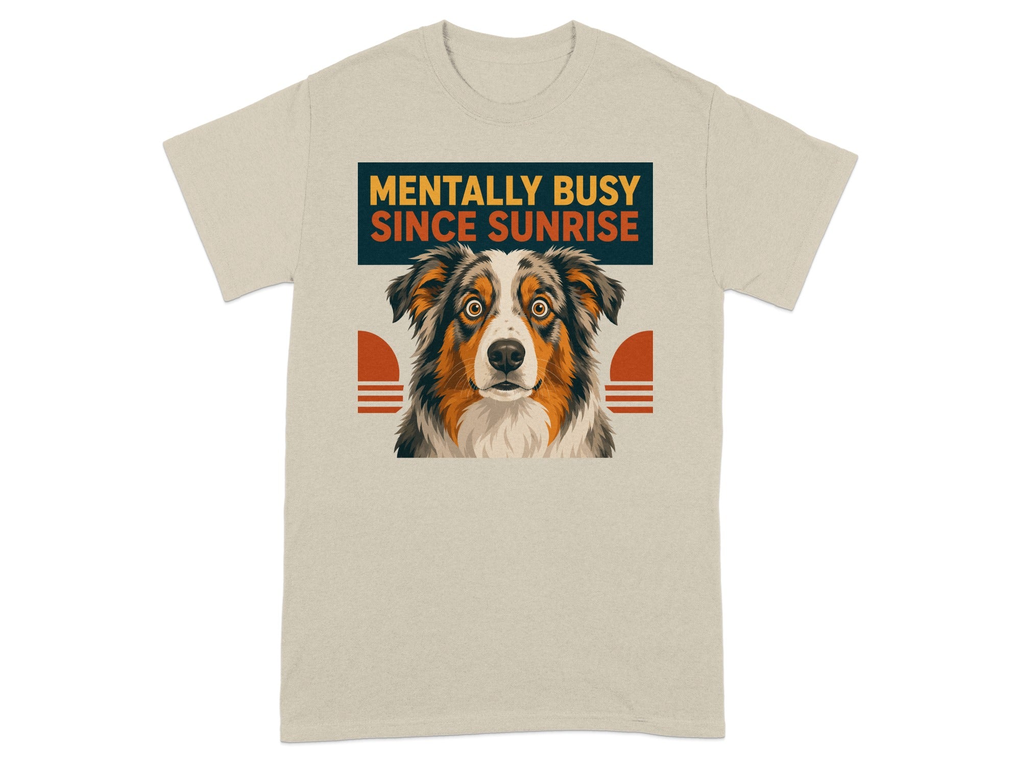 Beige t-shirt with a distressed dog face and "Mentally busy since sunrise" text.