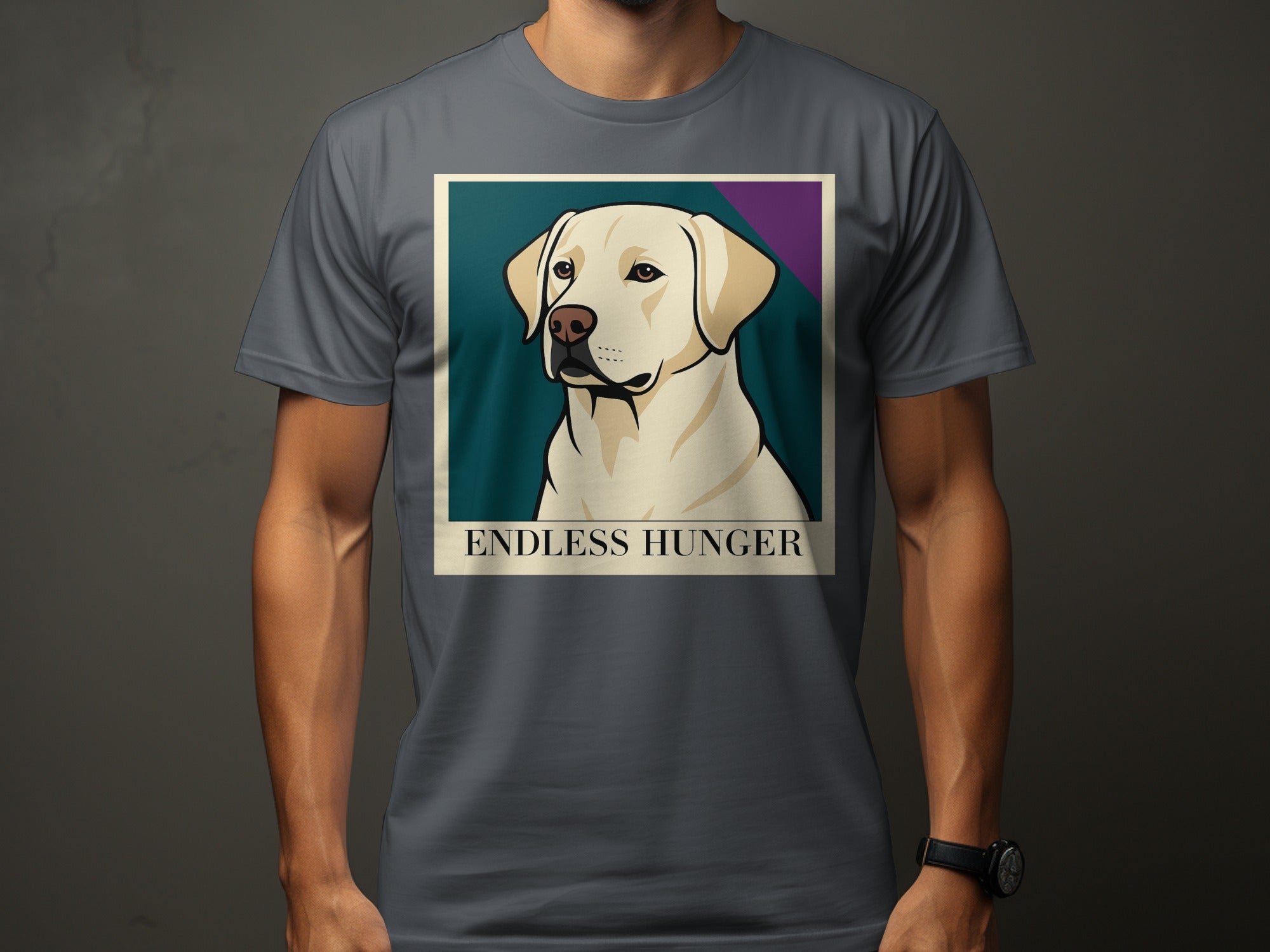 Labrador retriever portrait with text "ENDLESS HUNGER" on a grey t-shirt.