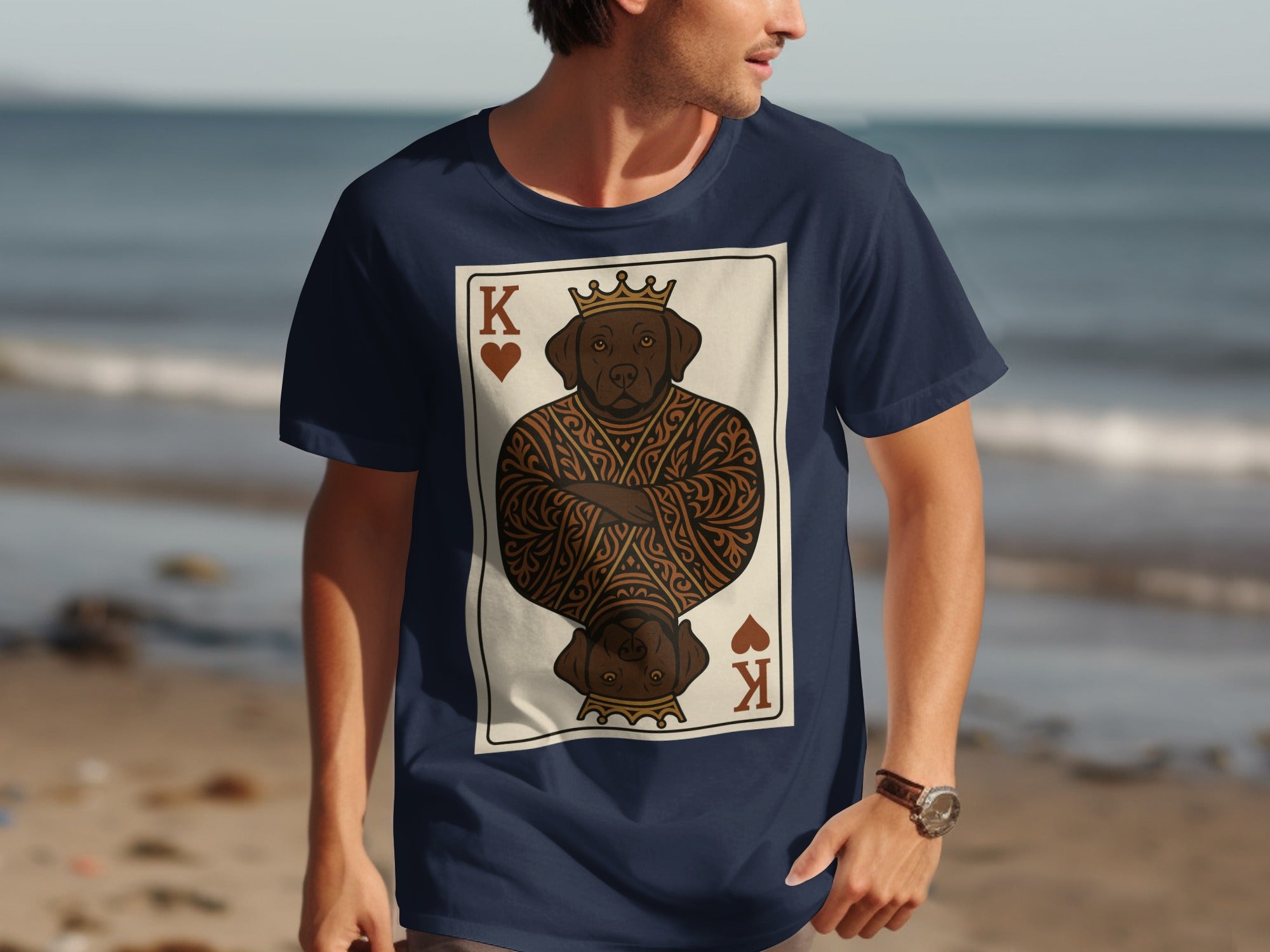 Navy t-shirt with a dark brown dog depicted as a king of hearts playing card.