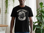 Black t-shirt with a pug graphic and the text "WHEN'S DINNER?"