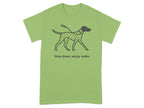 Light green t-shirt with a dalmatian illustration and text "Slow down, enjoy walks".