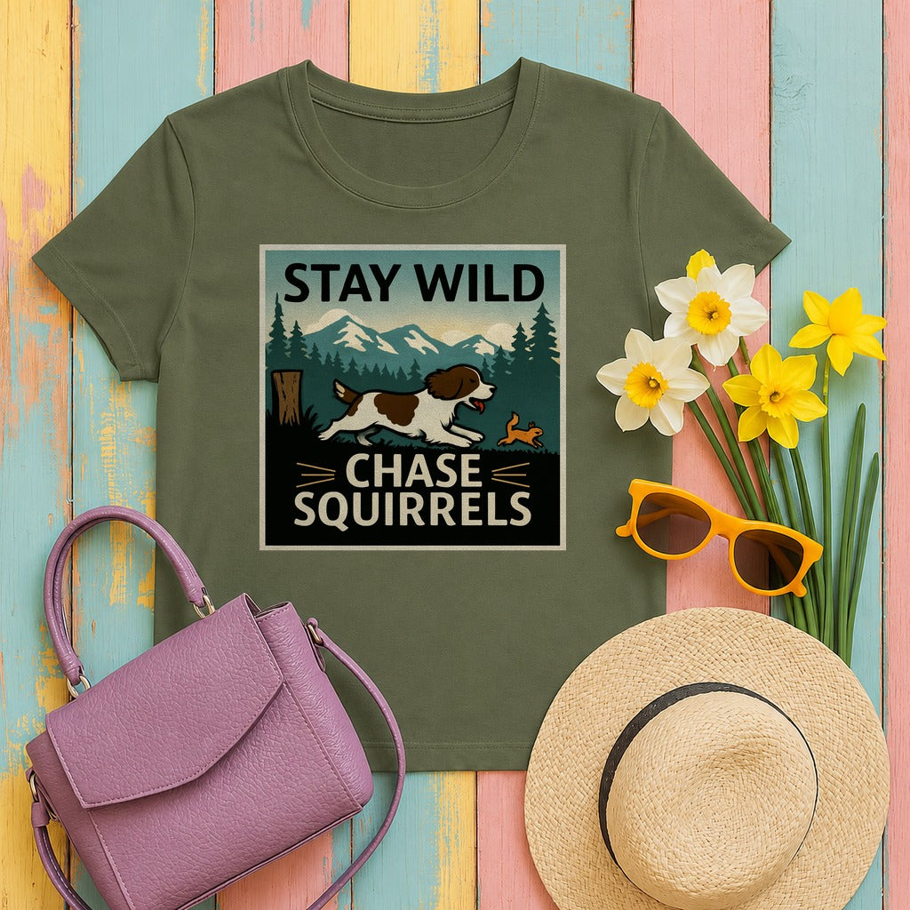 Stay Wild Chase Squirrels Springer T-Shirts in Military Green