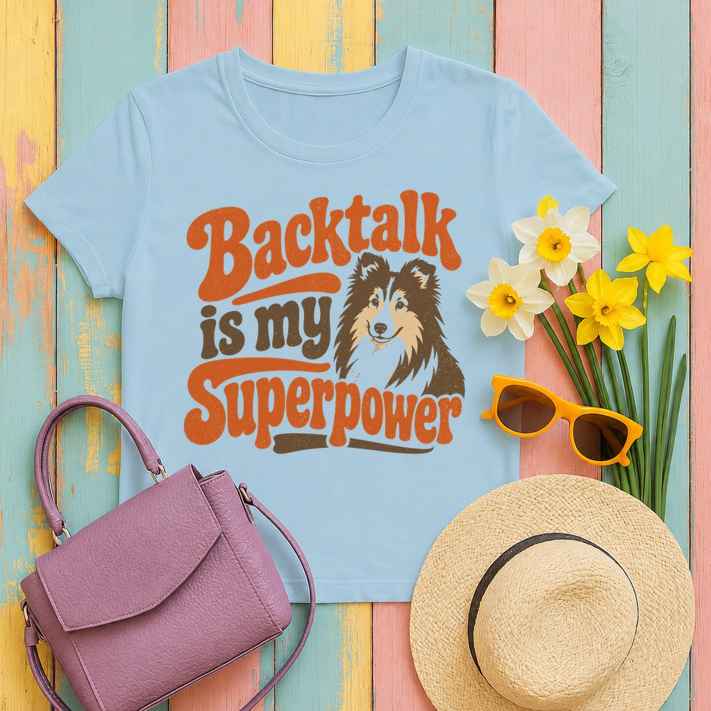Retro Backtalk Superpower Sheltie T-Shirt in Light Blue