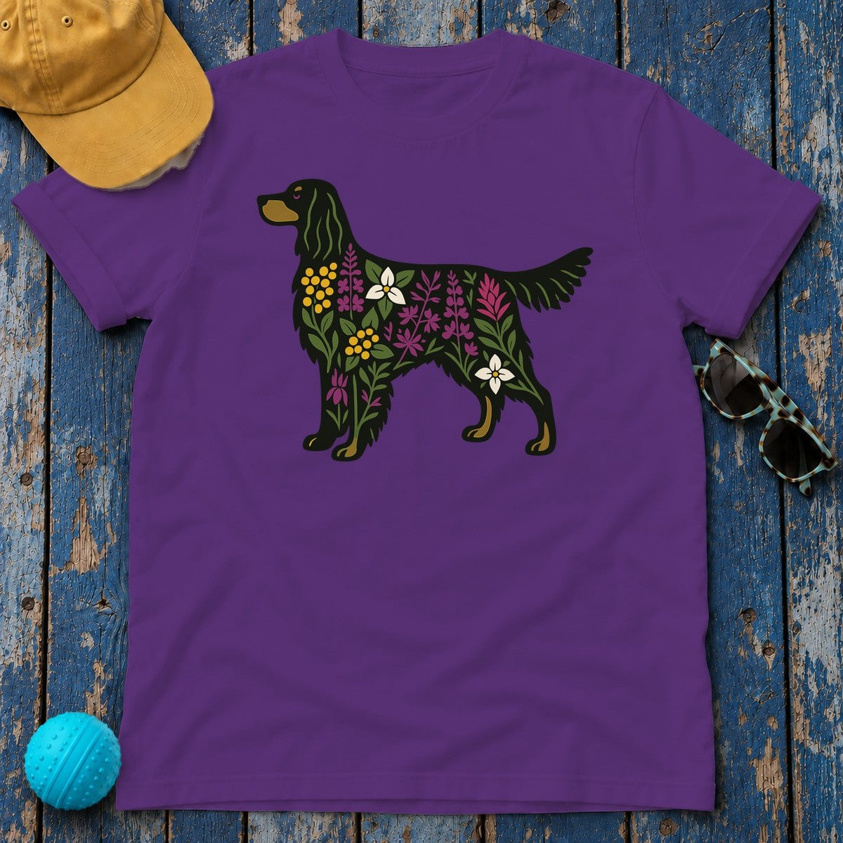 Floral Silhouette of a Black Gordon Setter Elegant Design T-Shirt in Purple