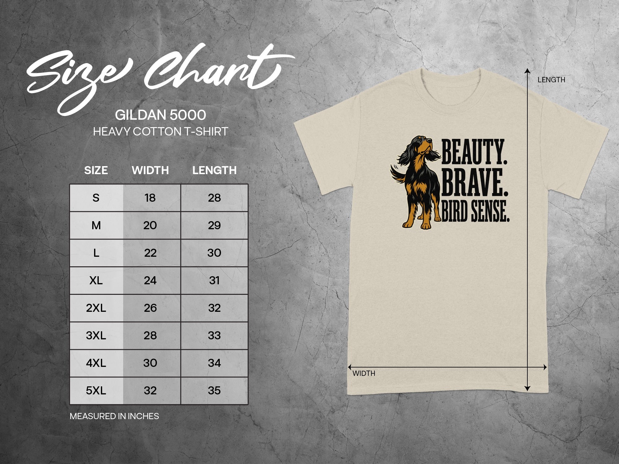 Gildan 5000 t-shirt size chart with measurements in inches.