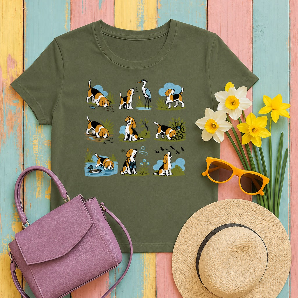 Whimsical Beagle Explorer T-Shirt in Military Green