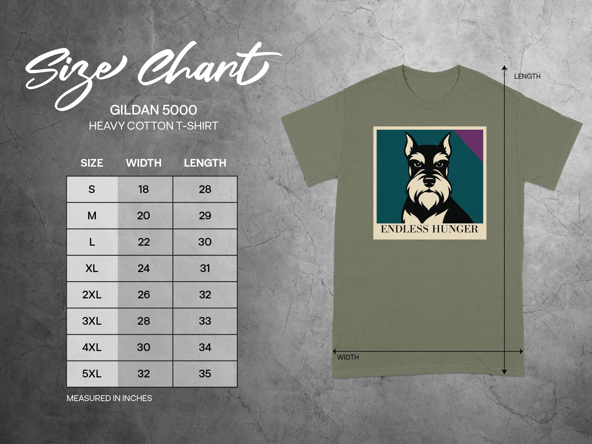 Gildan 5000 size chart for heavy cotton t-shirts with dog graphic.
