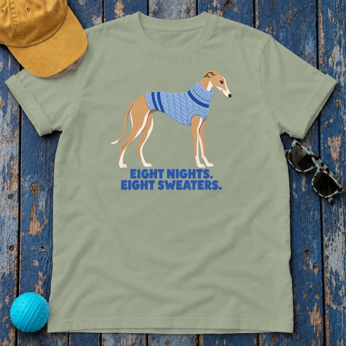 Eight Nights Eight Sweaters Blue Sweater Greyhound T-Shirt in Sage - flat lay