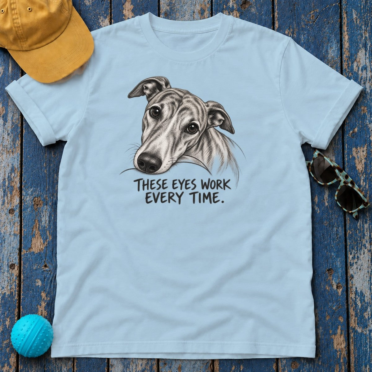 These Eyes Work Every Time Greyhound T-Shirt in Light Blue - flat lay